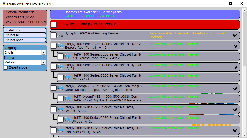 Snappy Driver Installer Origin driver list management view