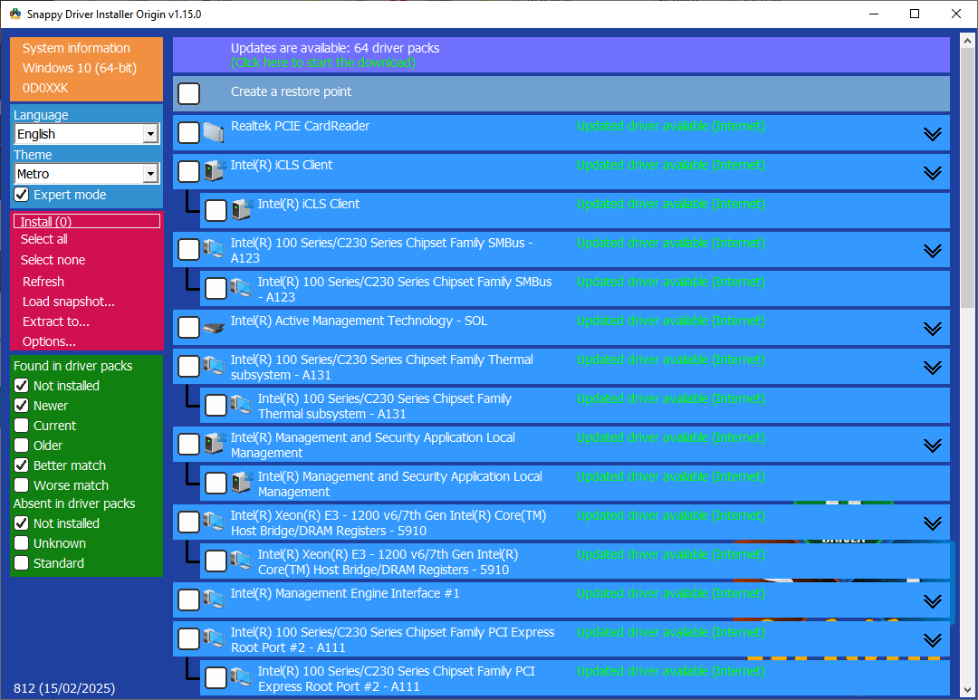 Snappy Driver Installer Origin main interface with driver scan results